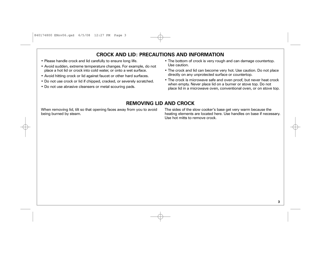 Hamilton Beach 33041 manual Crock and LID Precautions and Information 