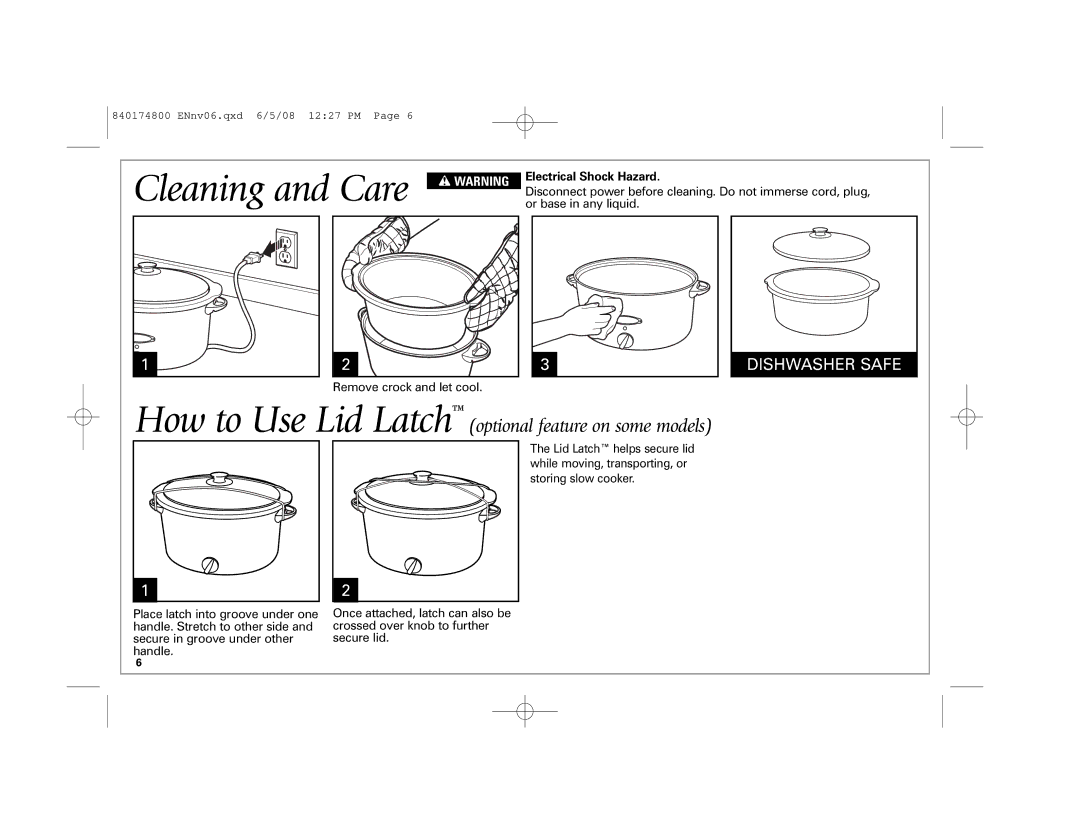 Hamilton Beach 33041 manual Cleaning and Care, Electrical Shock Hazard 