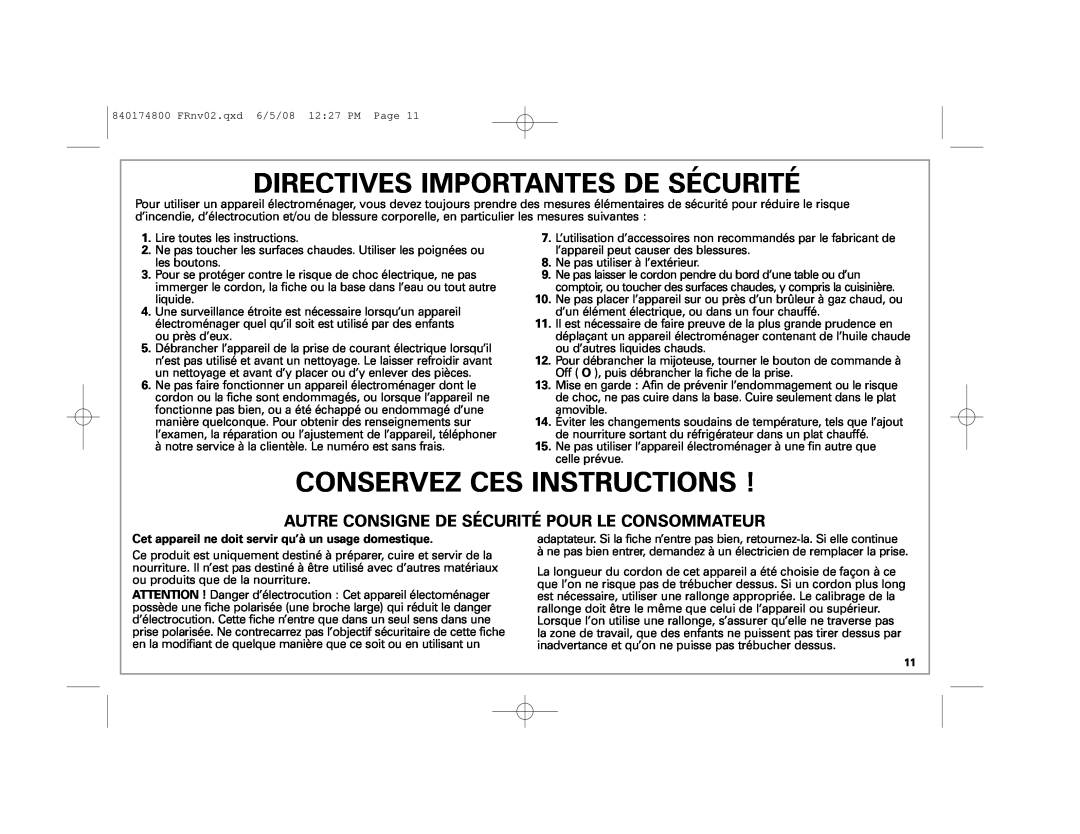 Hamilton Beach 33041 manual Directives Importantes De Sécurité, Conservez Ces Instructions 