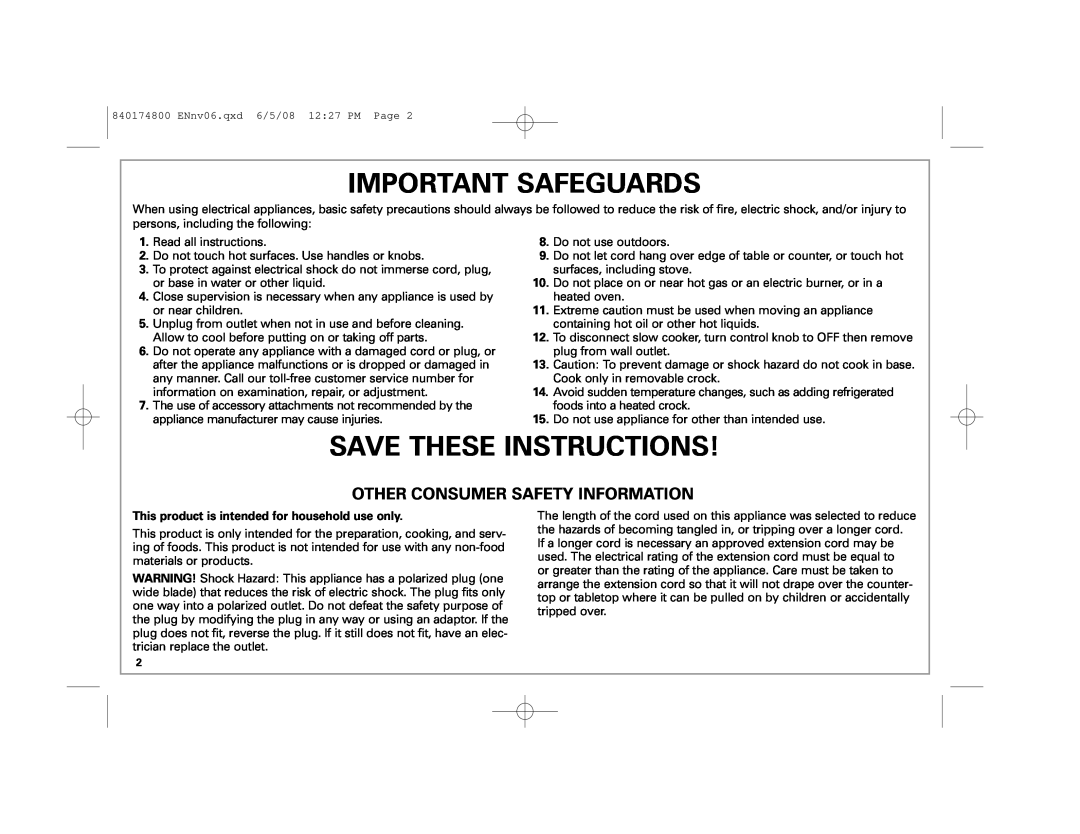 Hamilton Beach 33041 manual Important Safeguards, Save These Instructions, Other Consumer Safety Information 