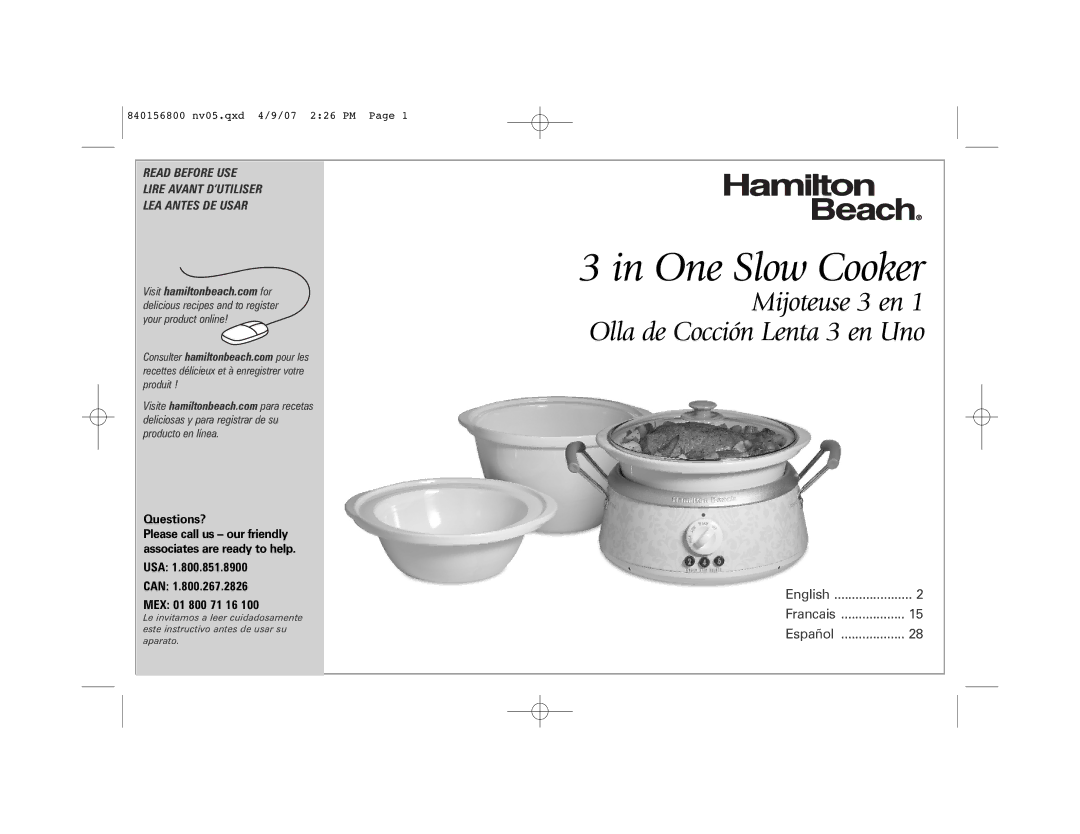 Hamilton Beach 33134C manual One Slow Cooker, Questions?, USA Can MEX 01 800 71 16 