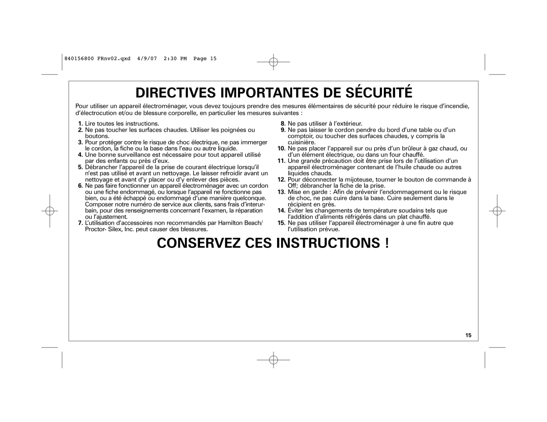 Hamilton Beach 33134C manual Directives Importantes DE Sécurité 