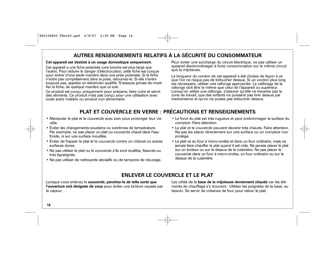 Hamilton Beach 33134C manual Plat ET Couvercle EN Verre Précautions ET Renseignements 