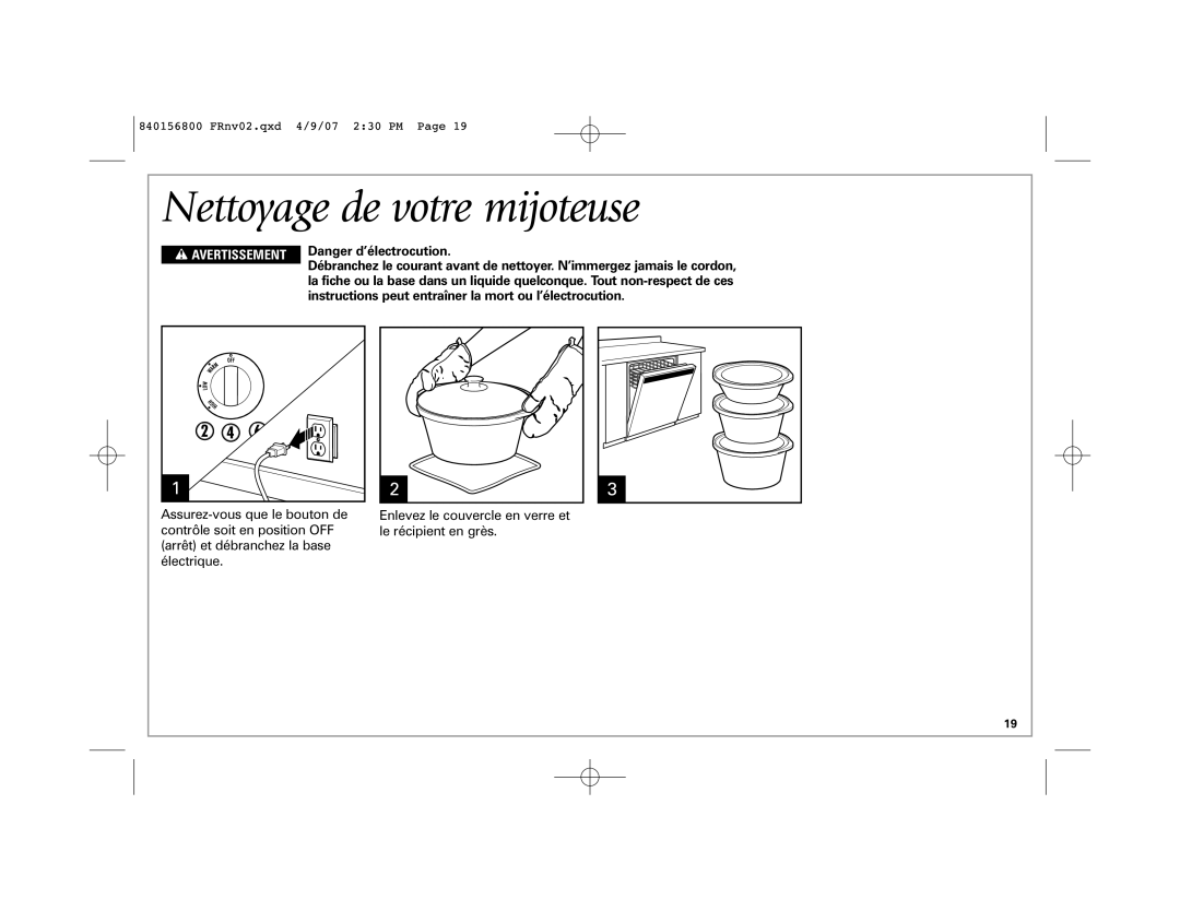 Hamilton Beach 33134C manual Nettoyage de votre mijoteuse, Instructions peut entraîner la mort ou l’électrocution 