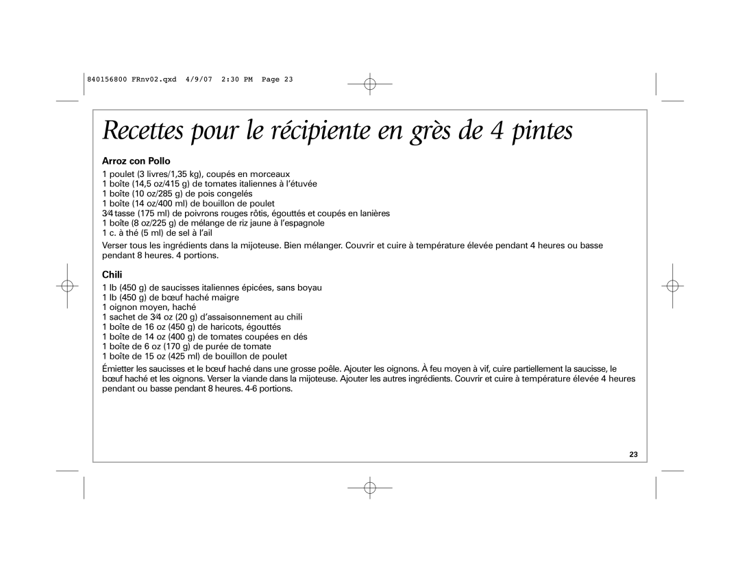 Hamilton Beach 33134C manual Recettes pour le récipiente en grès de 4 pintes, Arroz con Pollo 