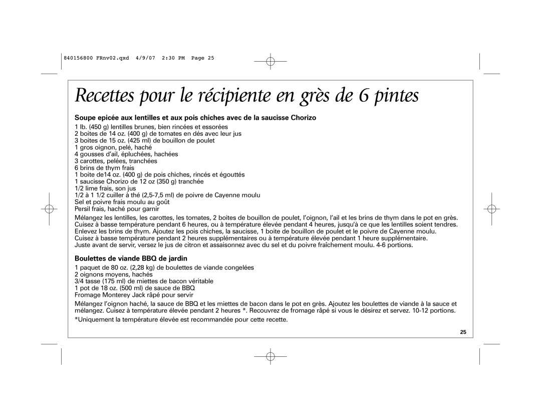 Hamilton Beach 33134C manual Recettes pour le récipiente en grès de 6 pintes, Boulettes de viande BBQ de jardin 