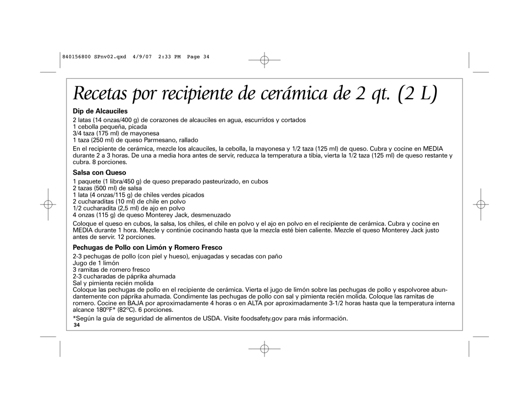 Hamilton Beach 33134C manual Recetas por recipiente de cerámica de 2 qt L, Dip de Alcauciles 