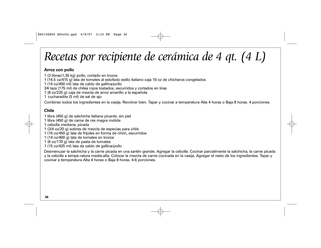 Hamilton Beach 33134C manual Recetas por recipiente de cerámica de 4 qt L, Chile 