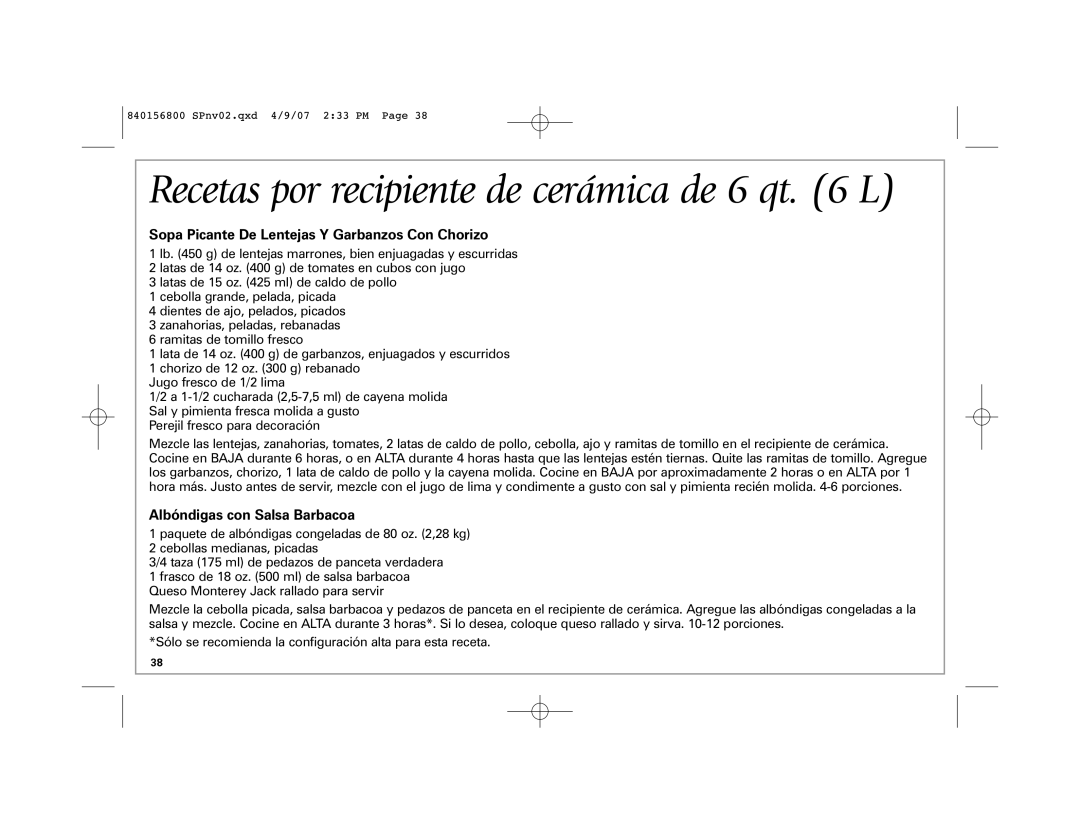 Hamilton Beach 33134C manual Recetas por recipiente de cerámica de 6 qt L, Sopa Picante De Lentejas Y Garbanzos Con Chorizo 