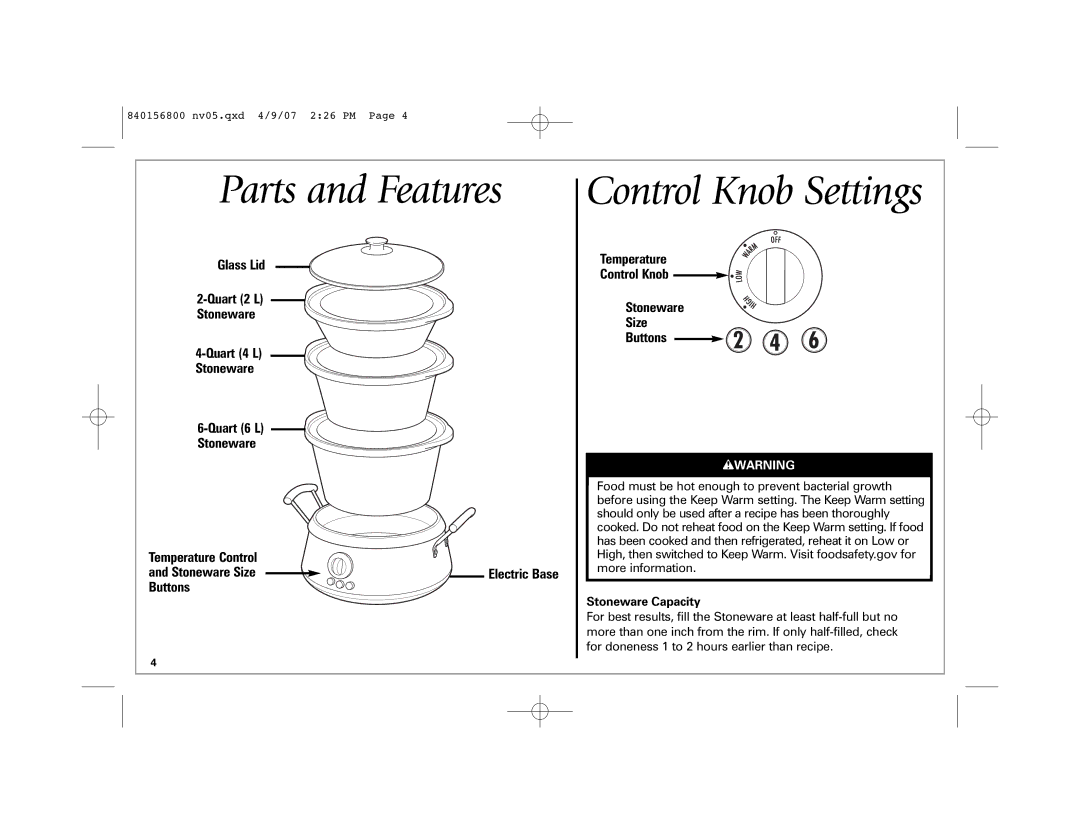Hamilton Beach 33134C manual Parts and Features, Control Knob Settings, Stoneware Capacity 