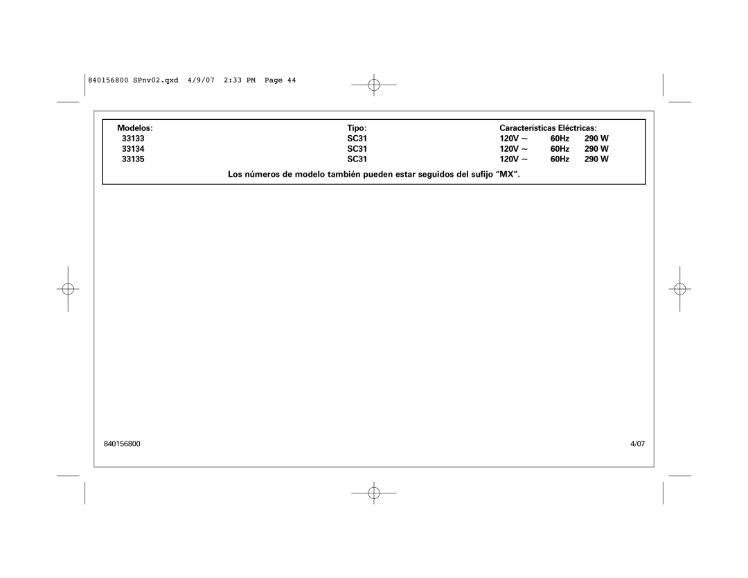 Hamilton Beach 33134C manual 33134 SC31 120V ~ 60Hz, 33135 SC31 120V ~ 60Hz 