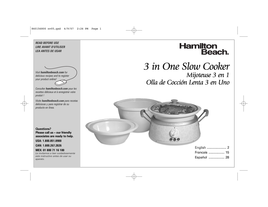Hamilton Beach 33134C manual in One Slow Cooker, Mijoteuse 3 en 1 Olla de Cocción Lenta 3 en Uno, English, Francais 