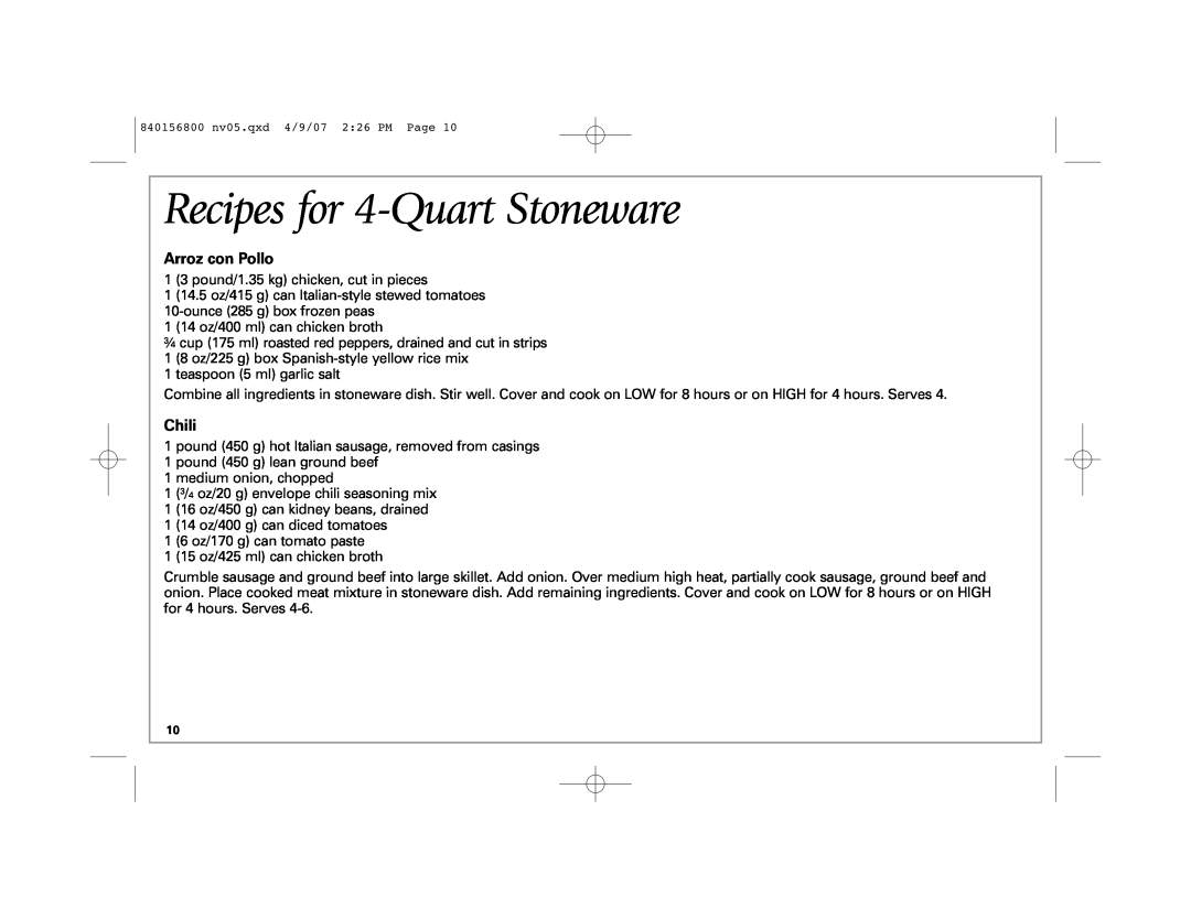 Hamilton Beach 33134C manual Recipes for 4-Quart Stoneware, Arroz con Pollo, Chili 