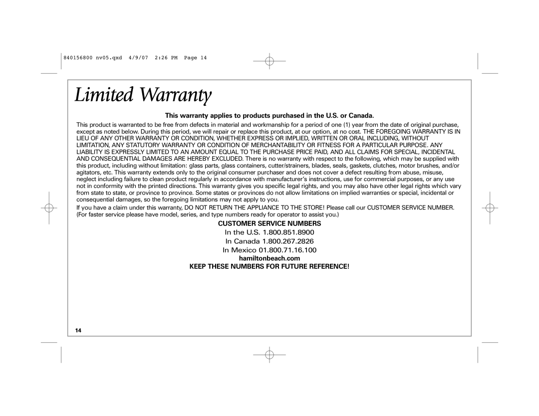 Hamilton Beach 33134C manual Limited Warranty, This warranty applies to products purchased in the U.S. or Canada 