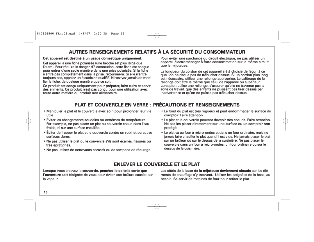 Hamilton Beach 33134C manual Autres Renseignements Relatifs À La Sécurité Du Consommateur, Enlever Le Couvercle Et Le Plat 