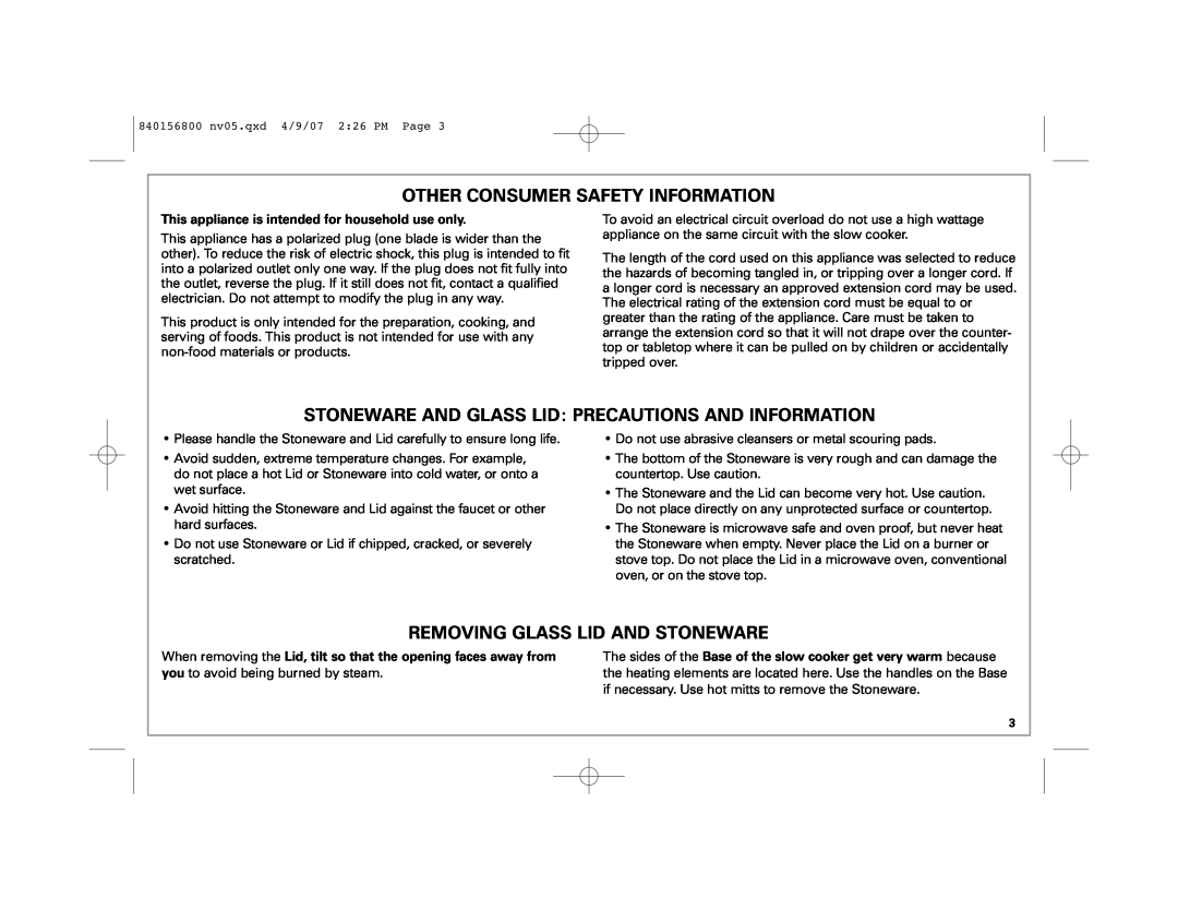 Hamilton Beach 33134C manual Other Consumer Safety Information, Stoneware And Glass Lid Precautions And Information 