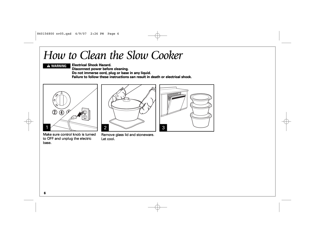 Hamilton Beach 33134C How to Clean the Slow Cooker, w WARNING Electrical Shock Hazard Disconnect power before cleaning 