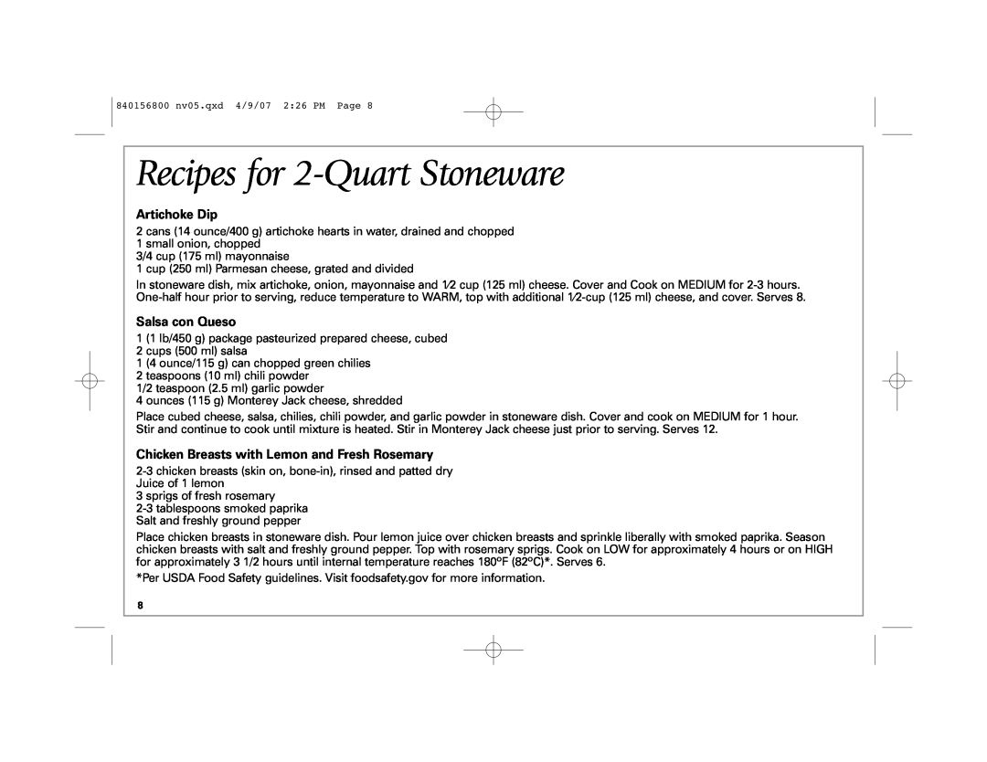 Hamilton Beach 33134C manual Recipes for 2-Quart Stoneware, Artichoke Dip, Salsa con Queso 