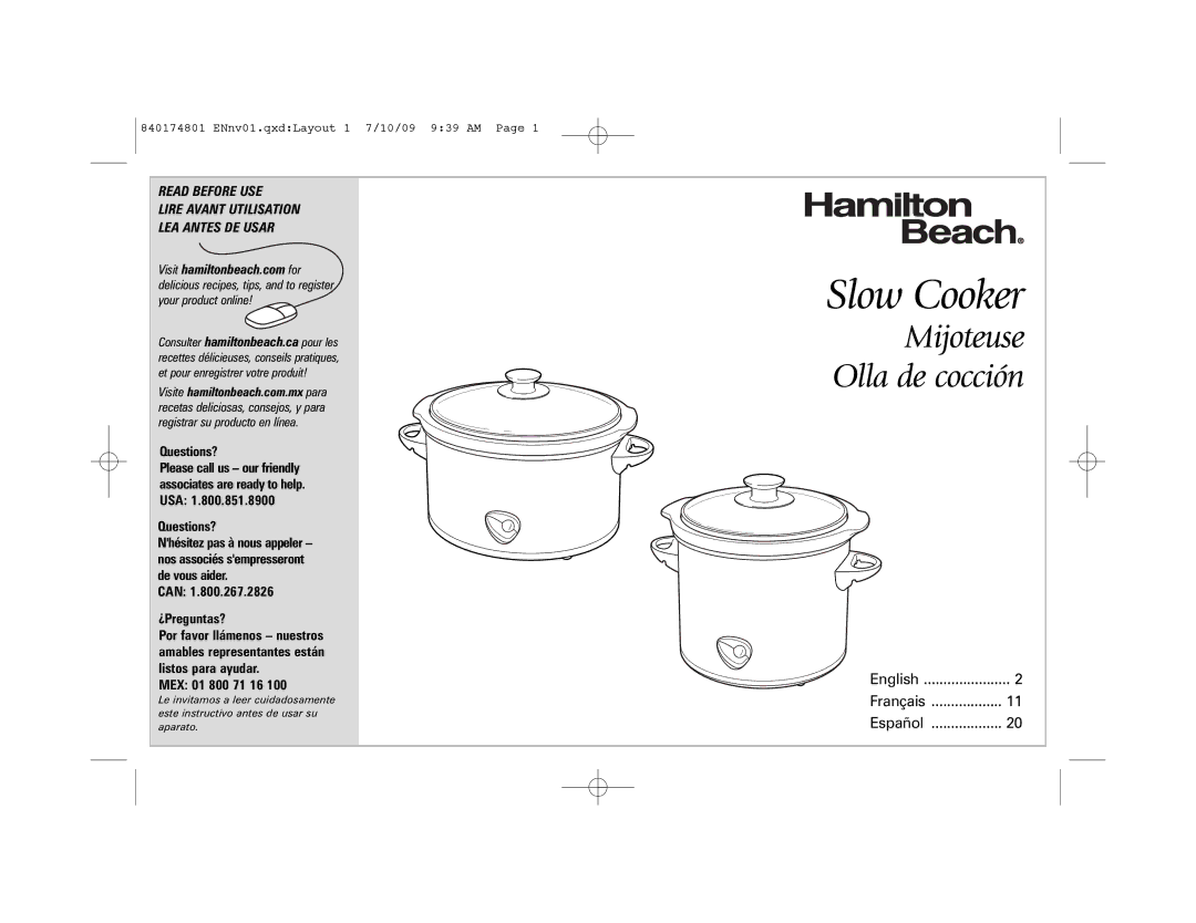 Hamilton Beach 33182, 33138 manual Slow Cooker, Questions?, Can ¿Preguntas?, MEX 01 800 71 16 