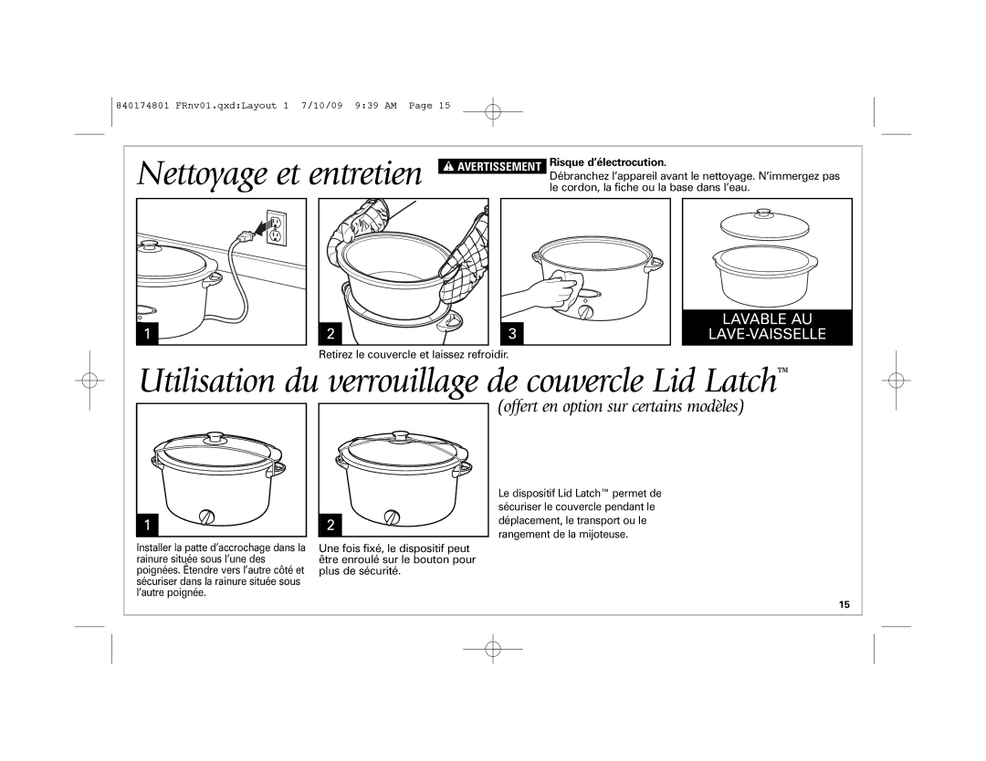 Hamilton Beach 33182, 33138 manual Utilisation du verrouillage de couvercle Lid Latch, Risque d’électrocution 