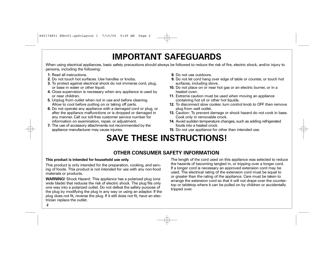 Hamilton Beach 33138, 33182 manual Important Safeguards, This product is intended for household use only 