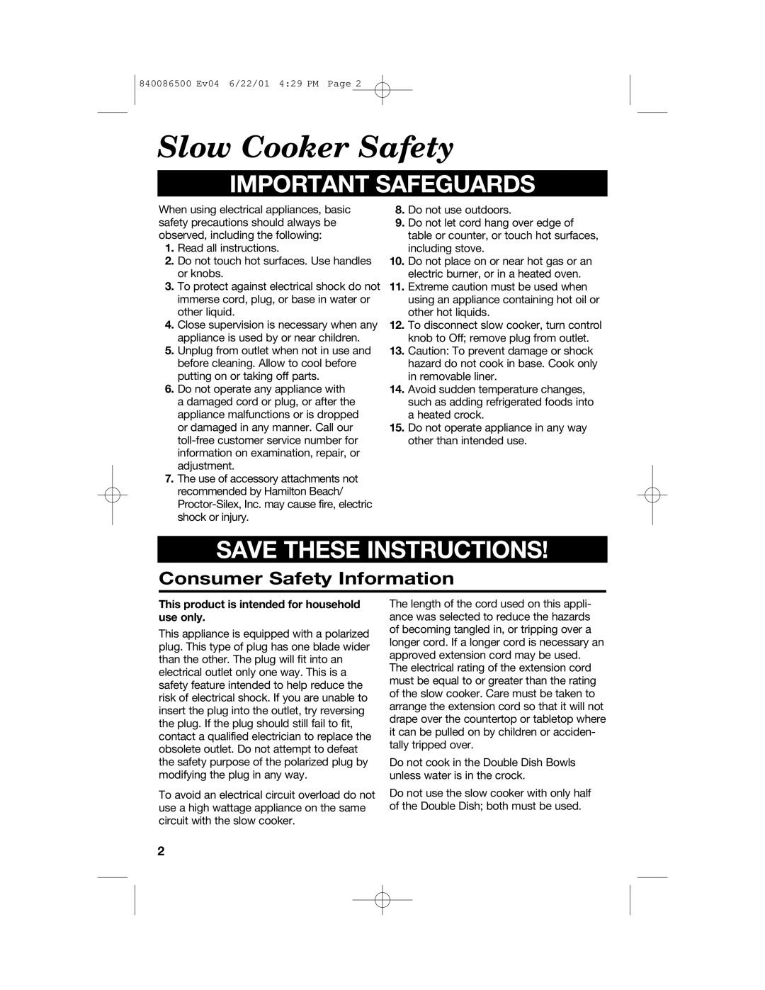 Hamilton Beach 33158 manual Slow Cooker Safety, Consumer Safety Information 