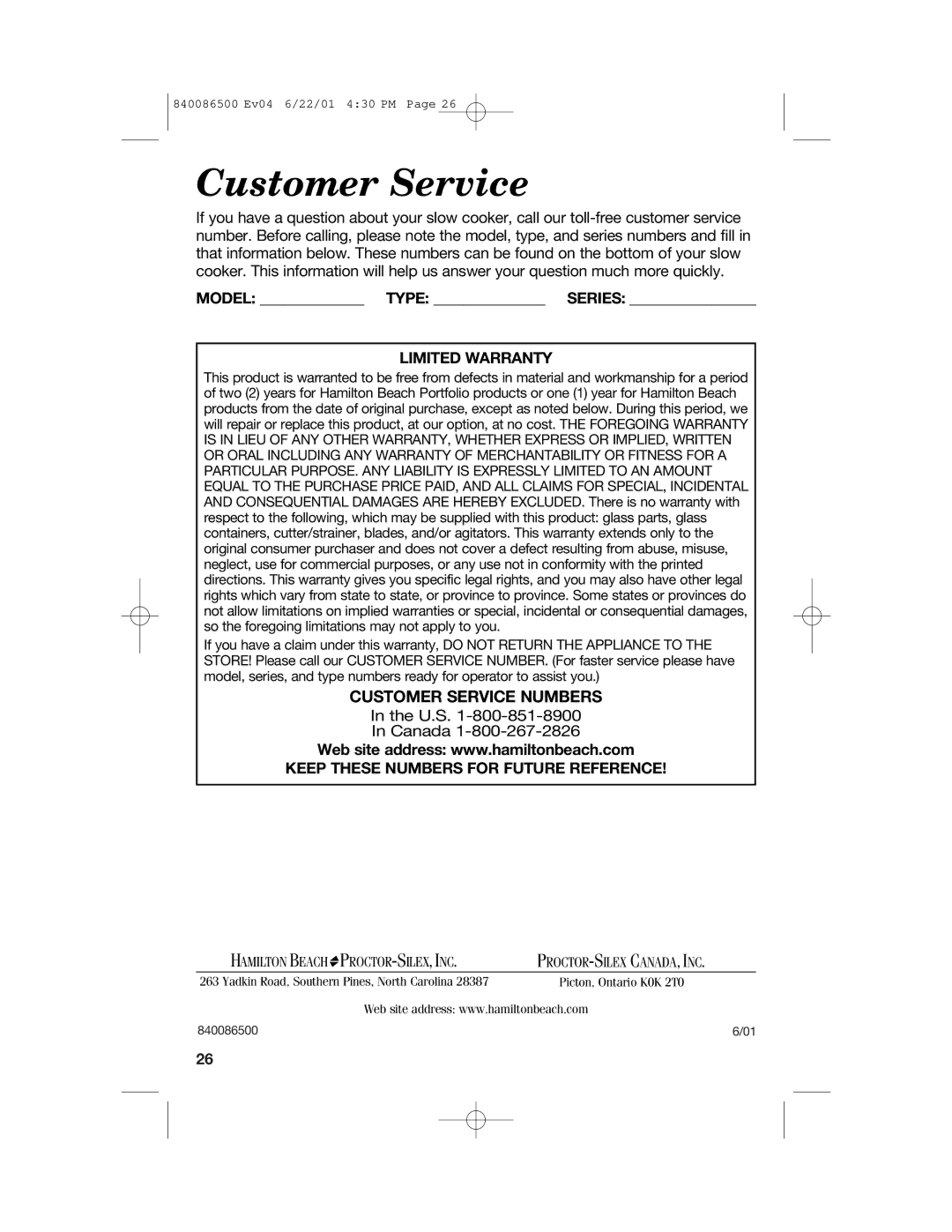 Hamilton Beach 33158 manual Customer Service, Limited Warranty 