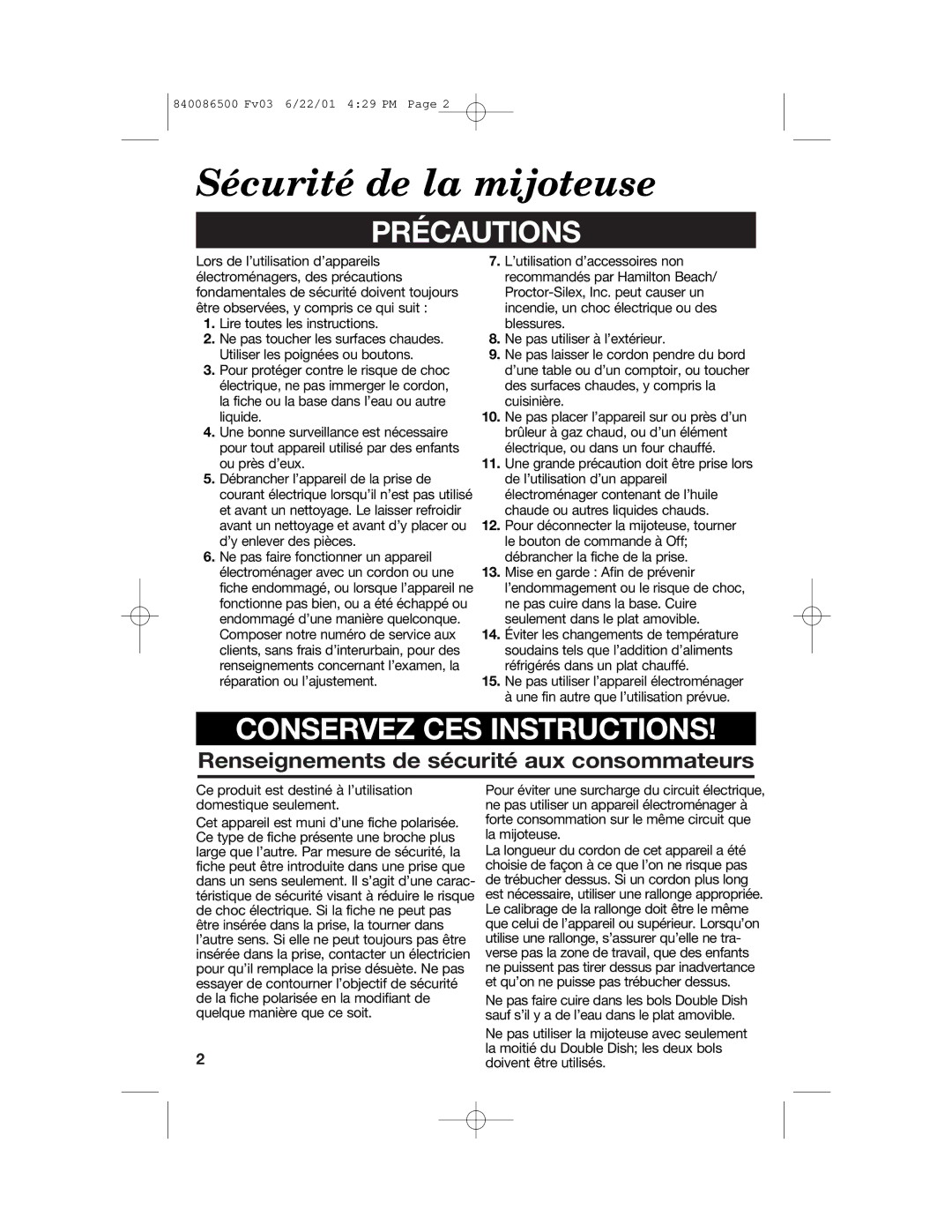 Hamilton Beach 33158 manual Sécurité de la mijoteuse, Renseignements de sécurité aux consommateurs 