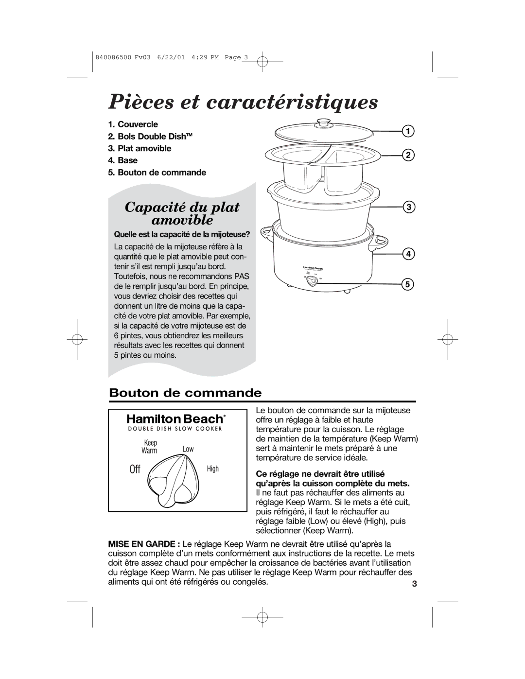 Hamilton Beach 33158 manual Pièces et caractéristiques, Bouton de commande 