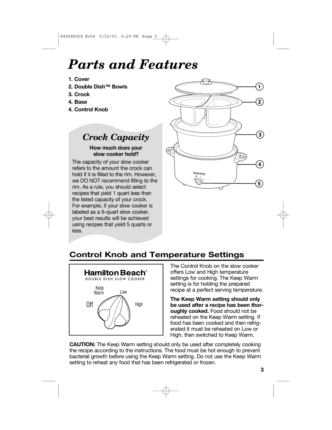 Hamilton Beach 33158 manual Parts and Features, Control Knob and Temperature Settings 