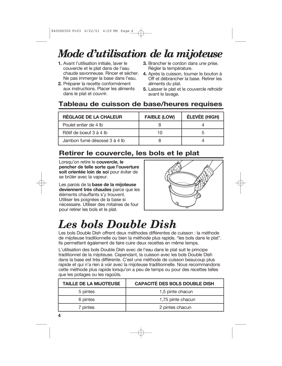 Hamilton Beach 33158 manual Les bols Double Dish, Tableau de cuisson de base/heures requises 