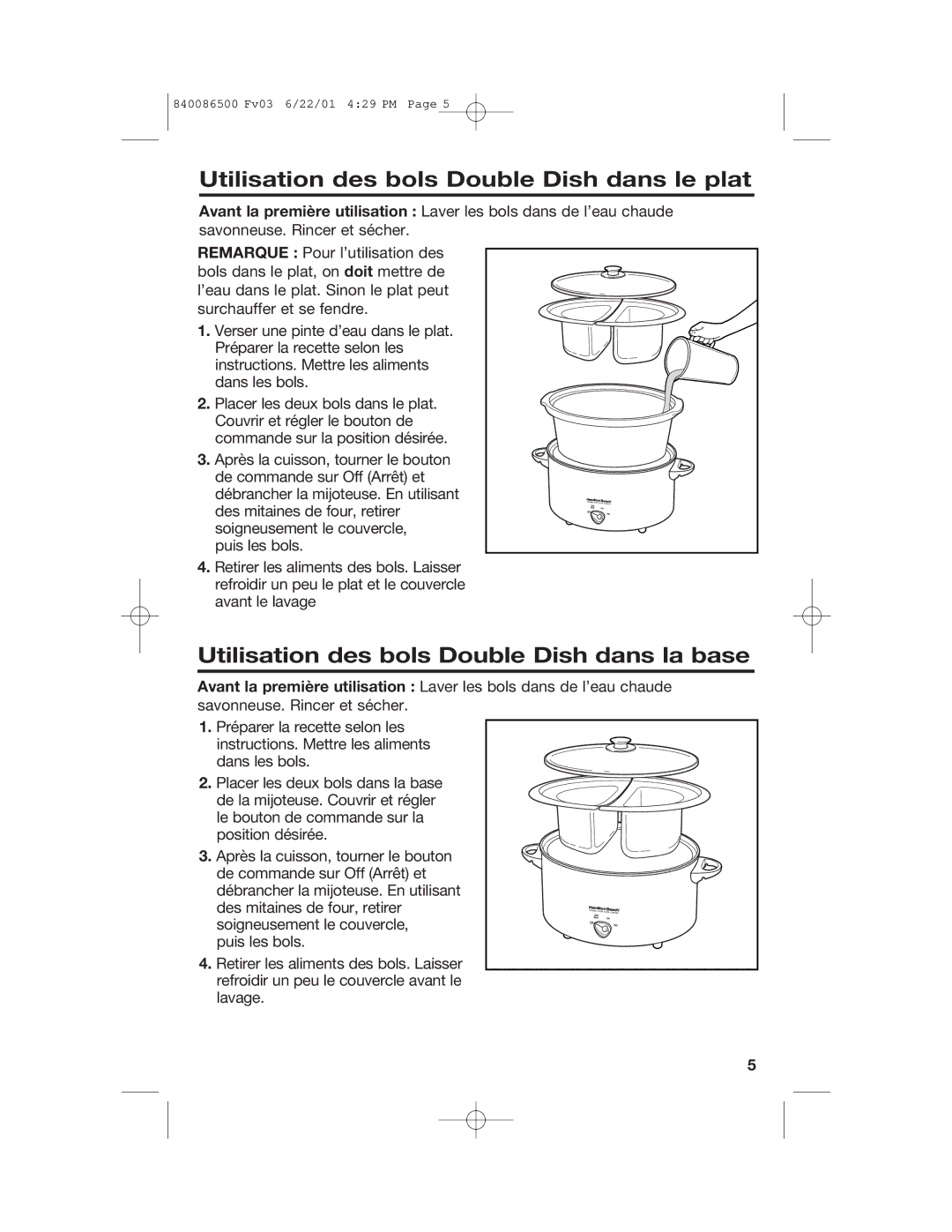 Hamilton Beach 33158 manual Utilisation des bols Double Dish dans le plat, Utilisation des bols Double Dish dans la base 