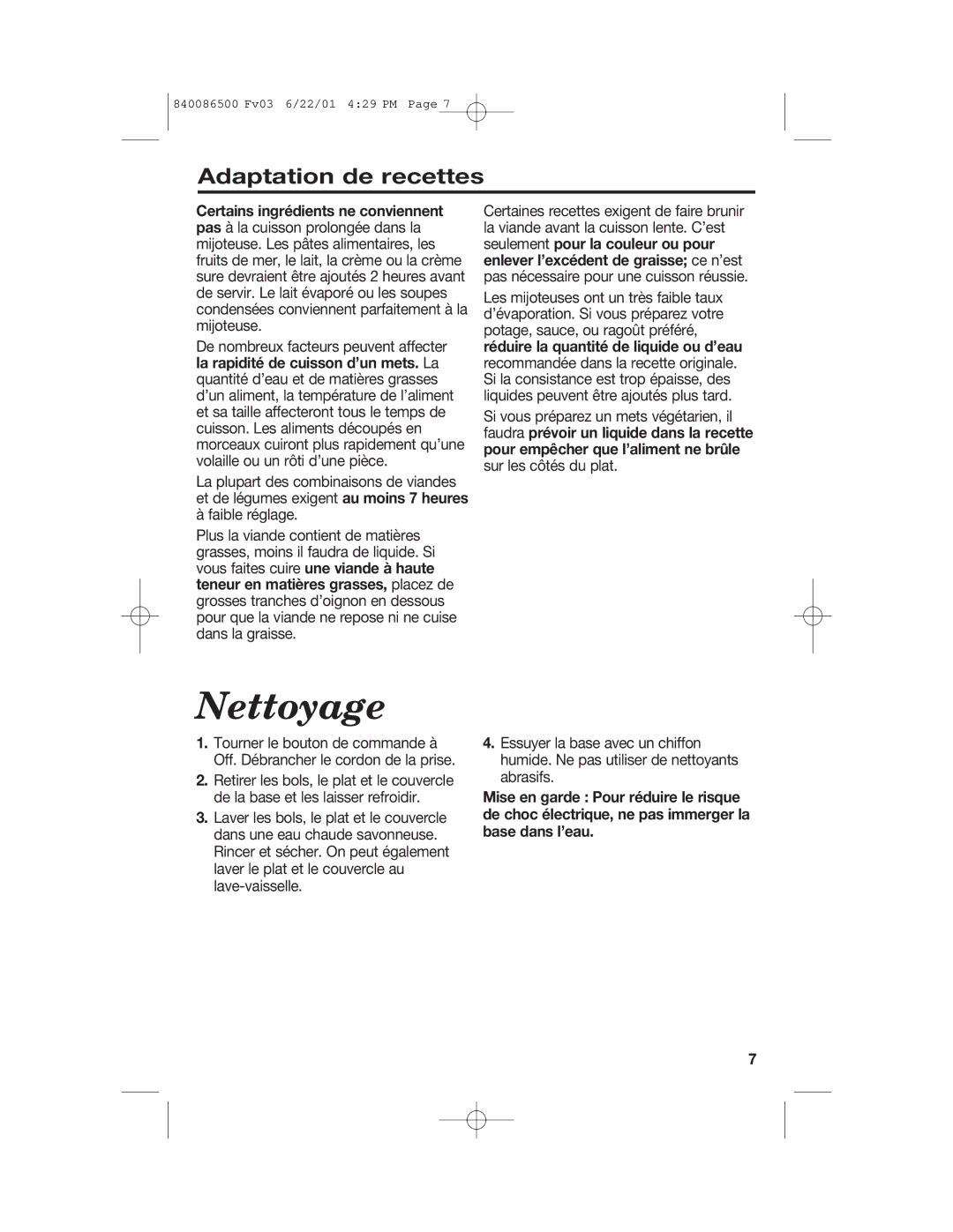 Hamilton Beach 33158 manual Nettoyage, Adaptation de recettes 