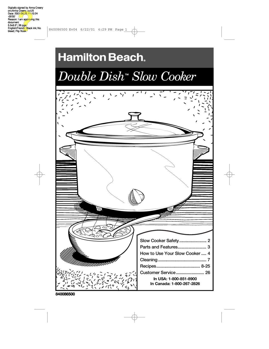 Hamilton Beach 33158 manual Double Dish Slow Cooker, Slow Cooker Safety, Parts and Features, Cleaning, Recipes, In USA 
