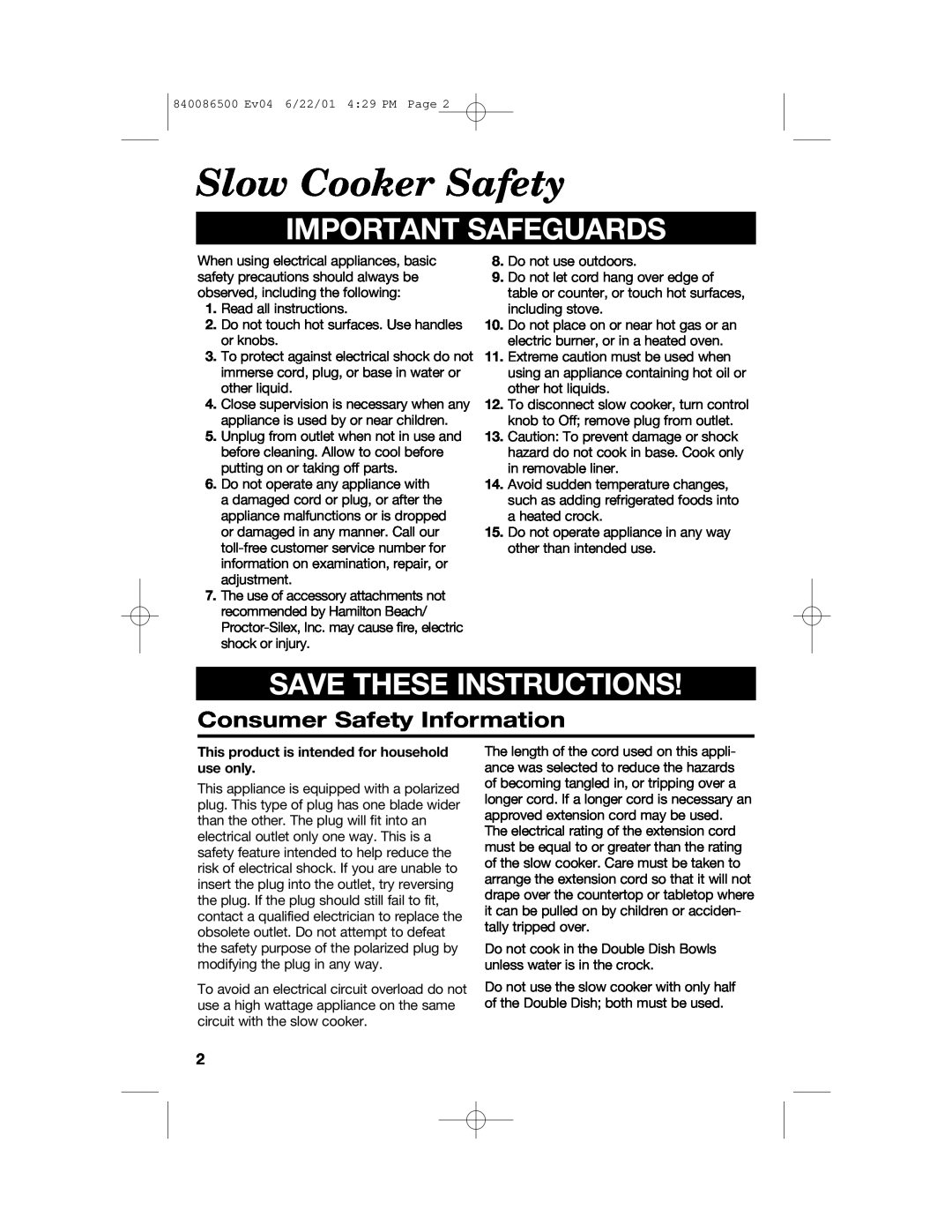 Hamilton Beach 33158 manual Slow Cooker Safety, Important Safeguards, Save These Instructions, Consumer Safety Information 