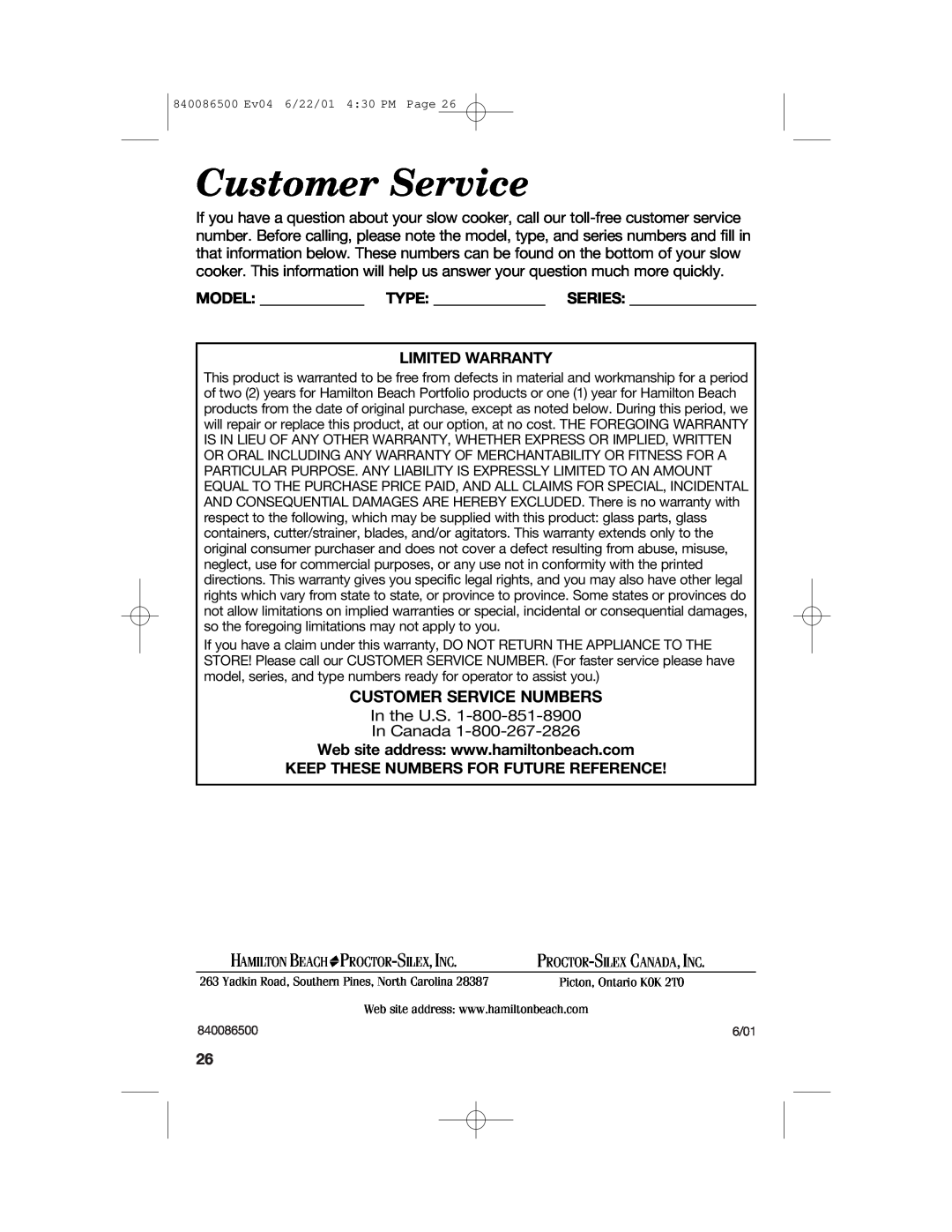Hamilton Beach 33158 manual Customer Service Numbers, Model Type Series Limited Warranty 