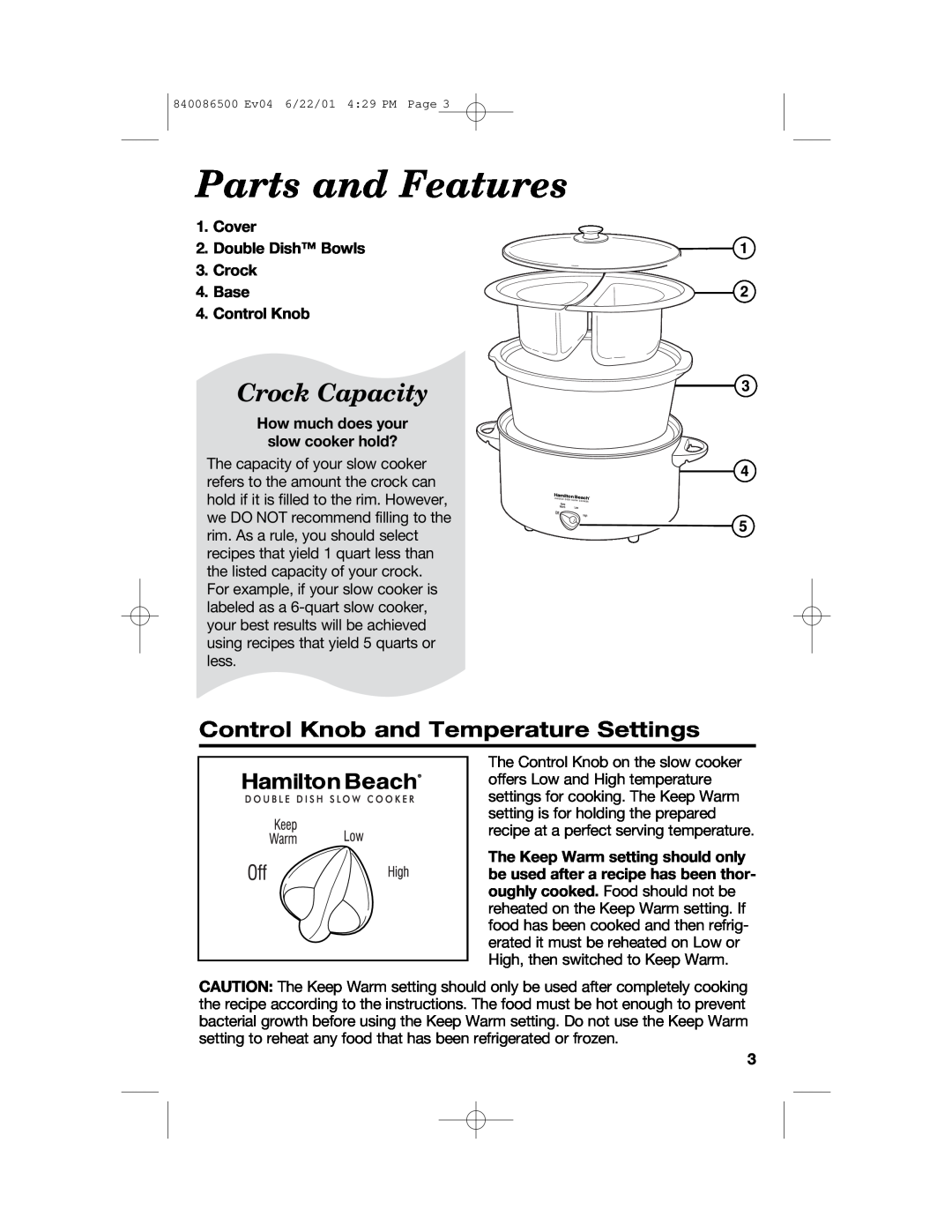 Hamilton Beach 33158 manual Parts and Features, Crock Capacity, Control Knob and Temperature Settings 