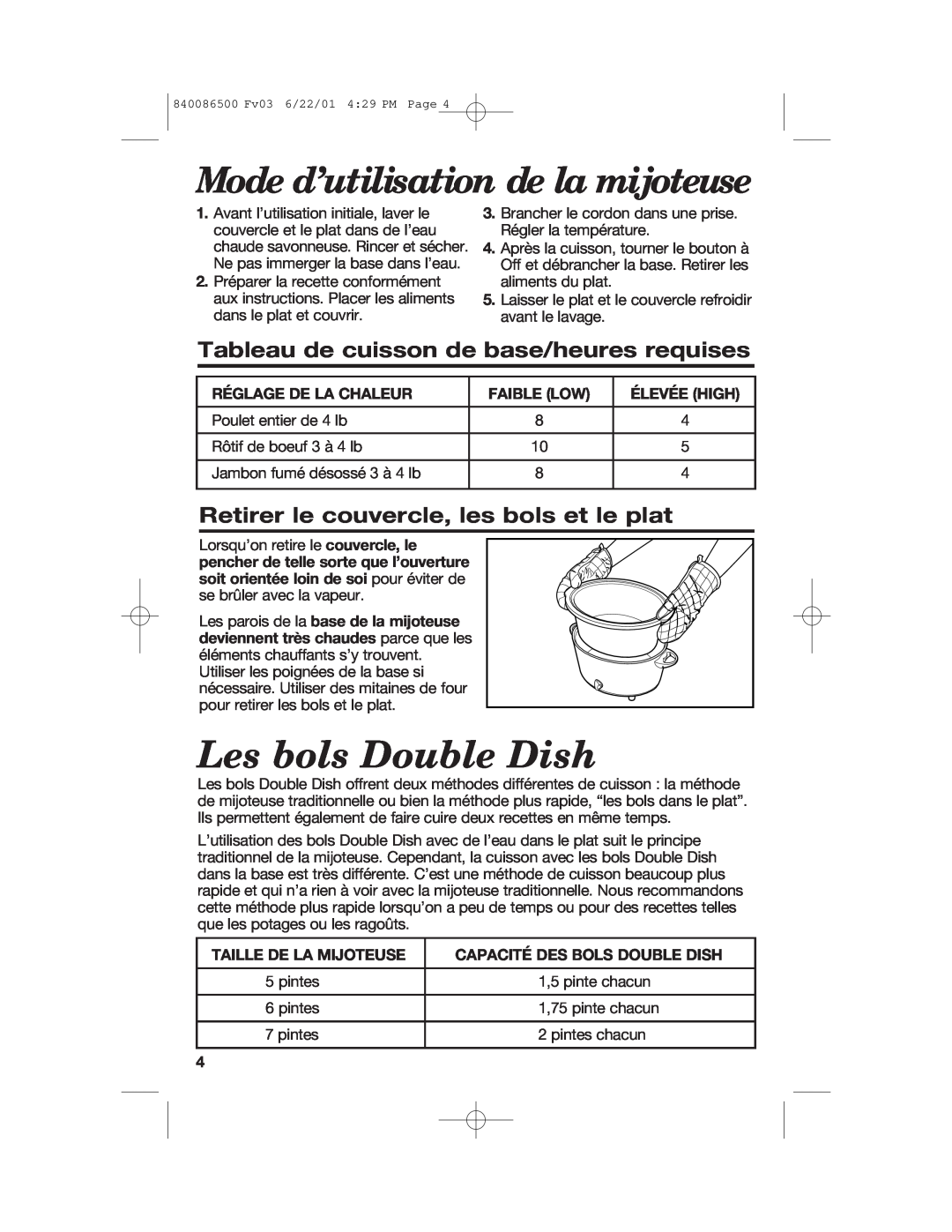 Hamilton Beach 33158 Les bols Double Dish, Tableau de cuisson de base/heures requises, Réglage De La Chaleur, Faible Low 