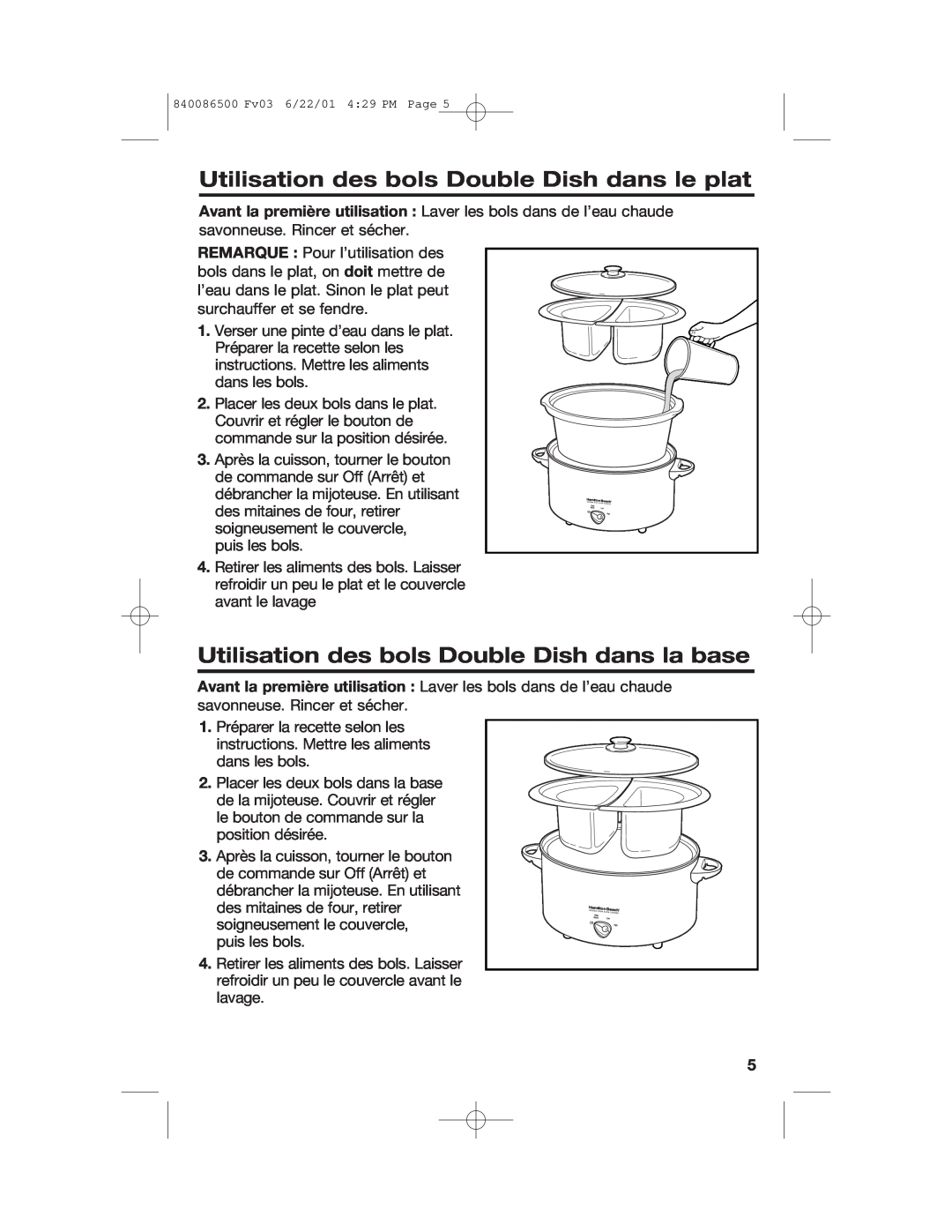 Hamilton Beach 33158 manual Utilisation des bols Double Dish dans le plat, Utilisation des bols Double Dish dans la base 