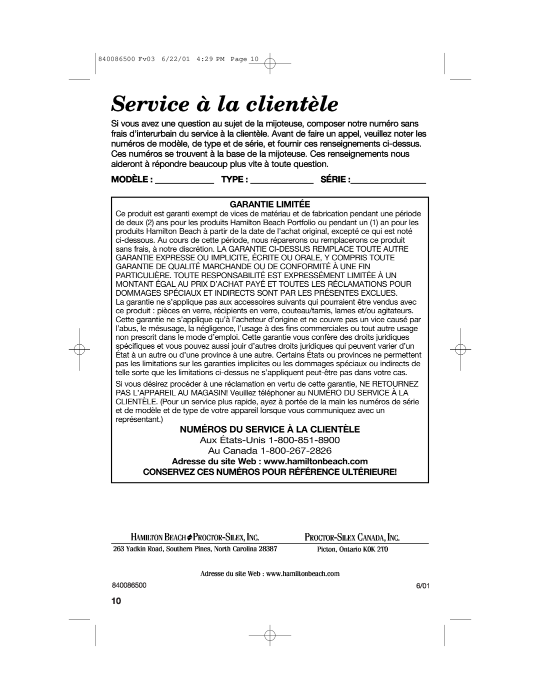 Hamilton Beach 33158 manual Service à la clientèle, Numéros Du Service À La Clientèle, Modèle Type Série Garantie Limitée 