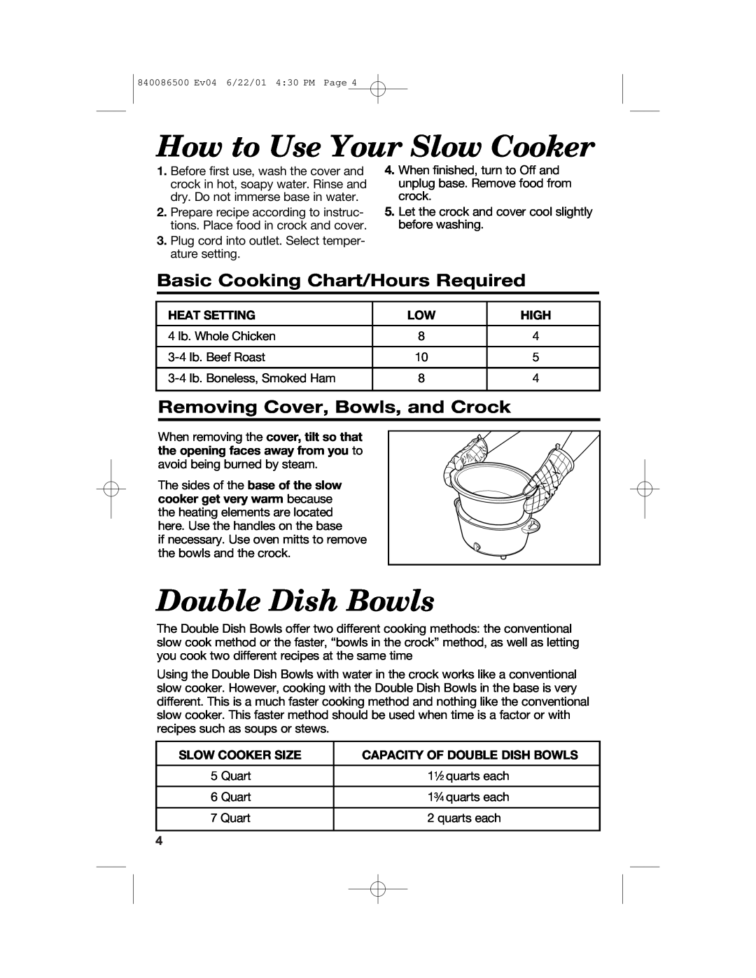 Hamilton Beach 33158 How to Use Your Slow Cooker, Double Dish Bowls, Basic Cooking Chart/Hours Required, Heat Setting 