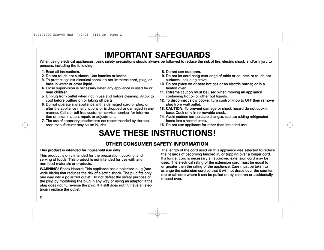 Hamilton Beach 33145, 33163H, 33163TCRB Important Safeguards, Save These Instructions, Other Consumer Safety Information 
