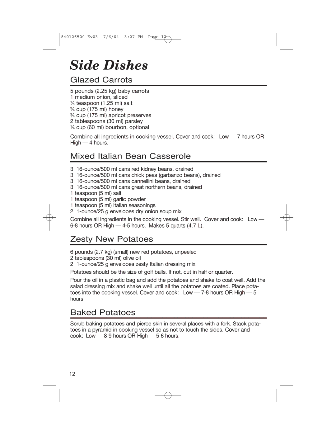 Hamilton Beach 33260 manual Side Dishes, Glazed Carrots, Mixed Italian Bean Casserole, Zesty New Potatoes, Baked Potatoes 