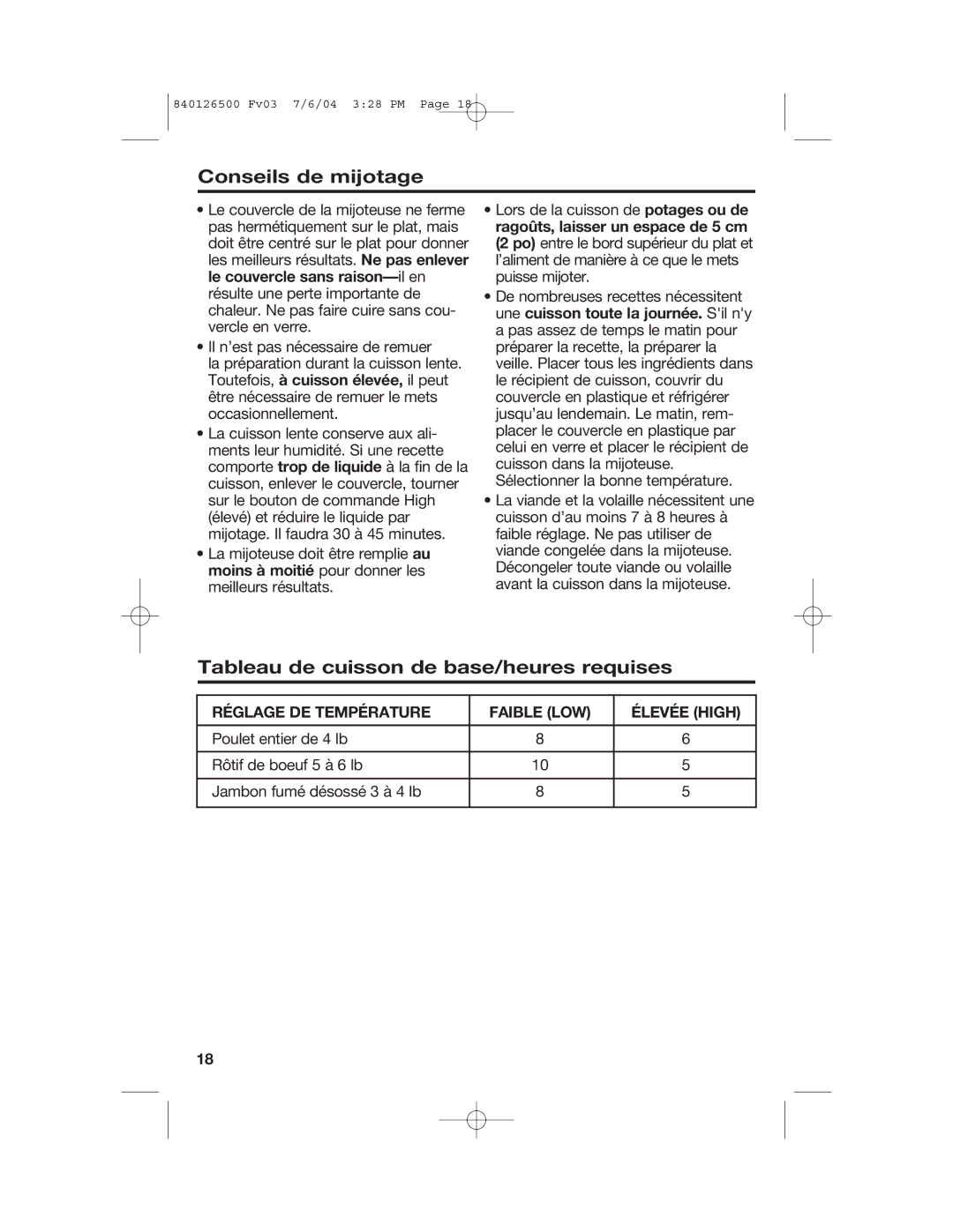 Hamilton Beach 33260 manual Conseils de mijotage, Tableau de cuisson de base/heures requises 