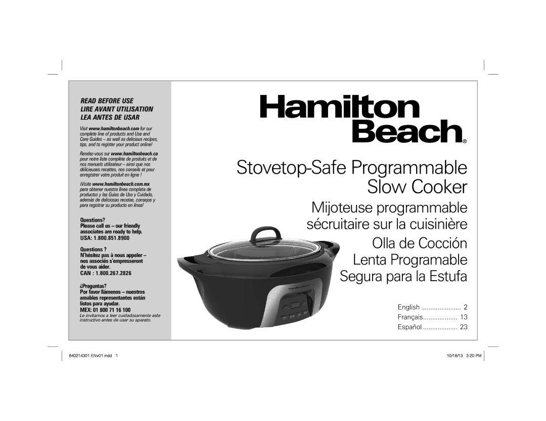 Hamilton Beach 33265 manual Stovetop-Safe Programmable Slow Cooker 