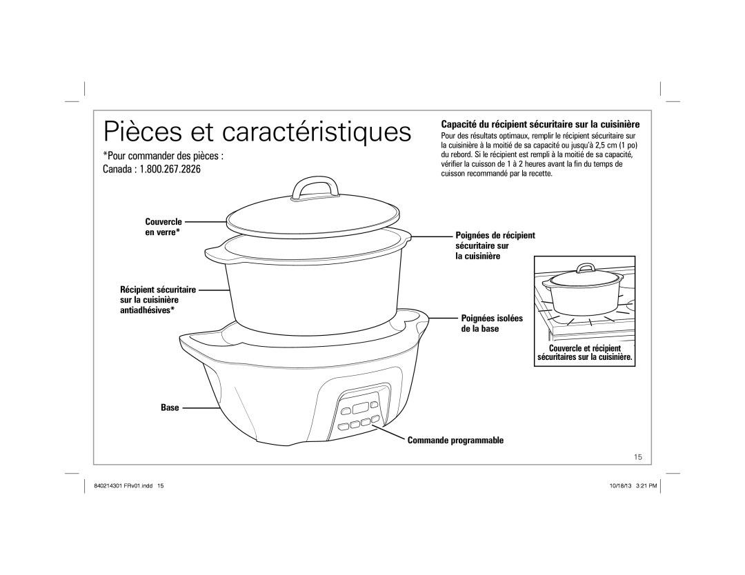 Hamilton Beach 33265 manual Pièces et caractéristiques, Couvercle en verre 