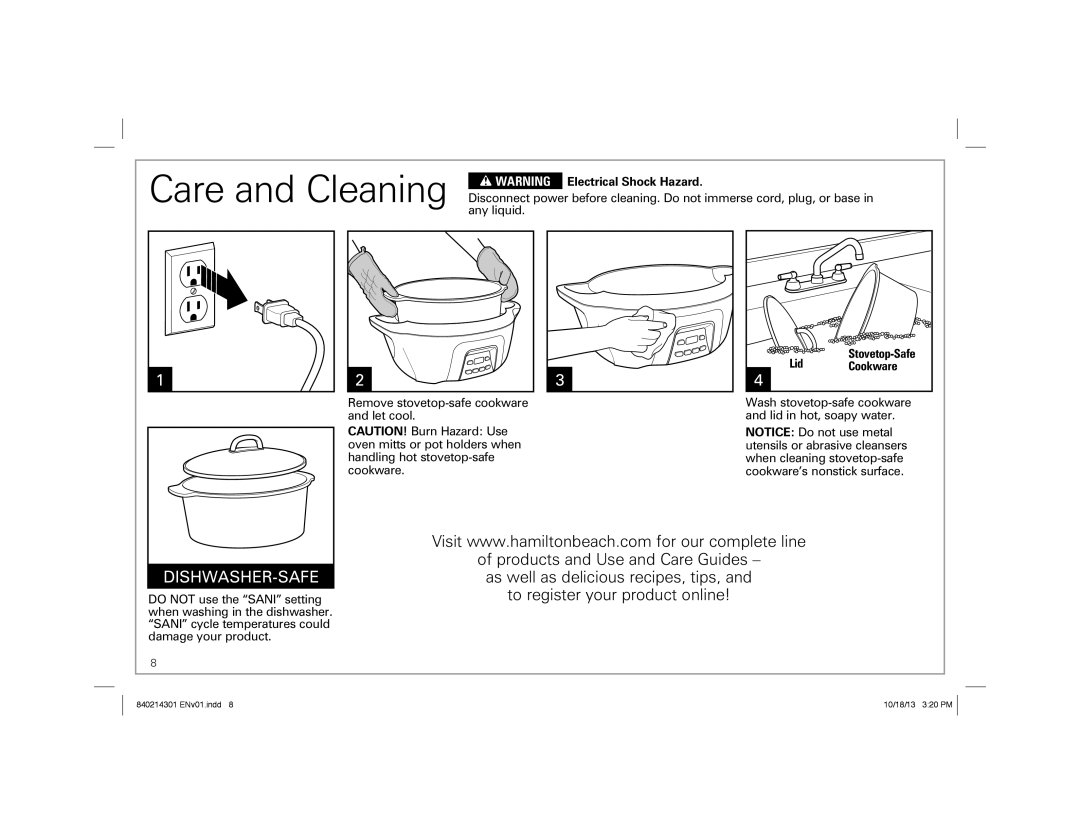 Hamilton Beach 33265 manual Electrical Shock Hazard, Lid, Cookware 