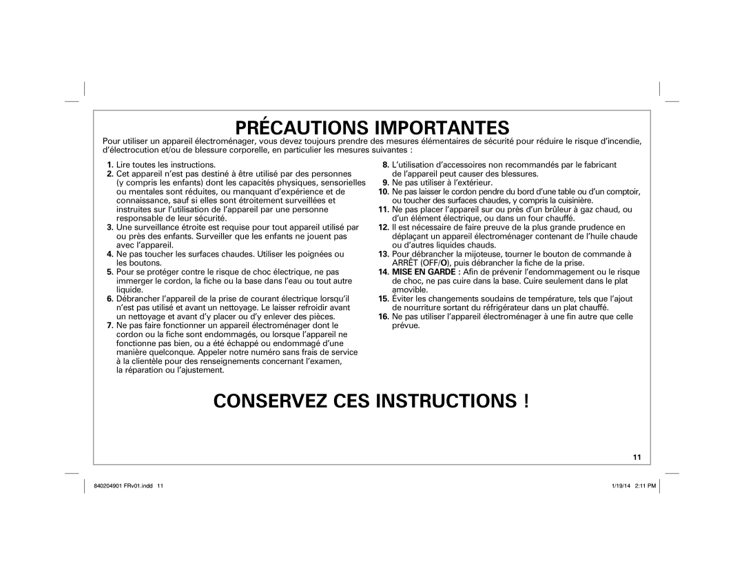 Hamilton Beach 33245, 33354, 33264, 33263 manual Précautions Importantes 