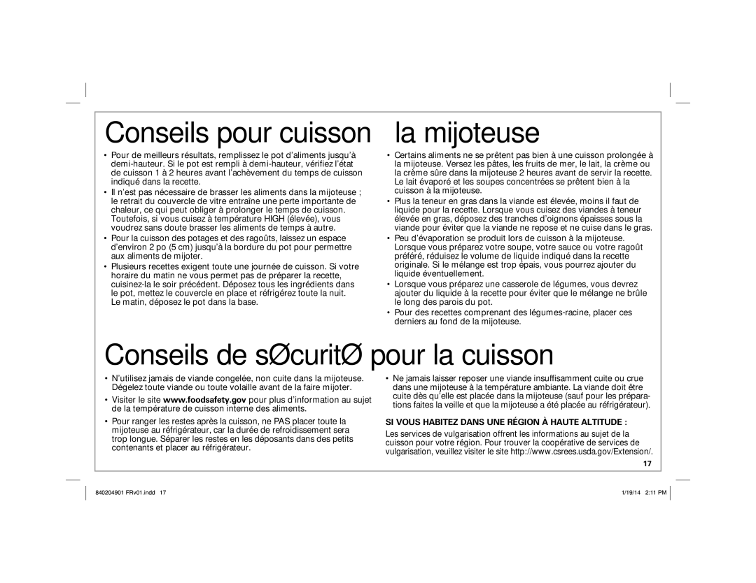 Hamilton Beach 33264, 33354, 33263, 33245 manual Conseils pour cuisson à la mijoteuse, Conseils de sécurité pour la cuisson 