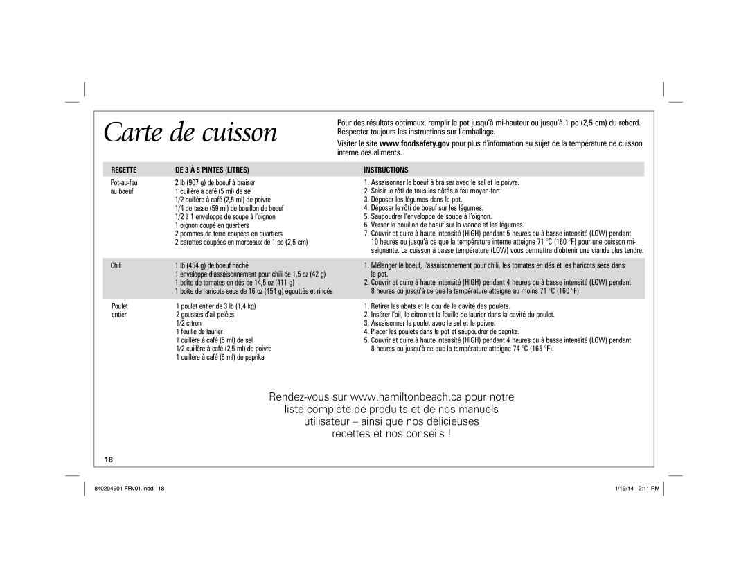 Hamilton Beach 33263, 33354, 33264, 33245 manual Carte de cuisson, Recette DE 3 À 5 Pintes Litres 